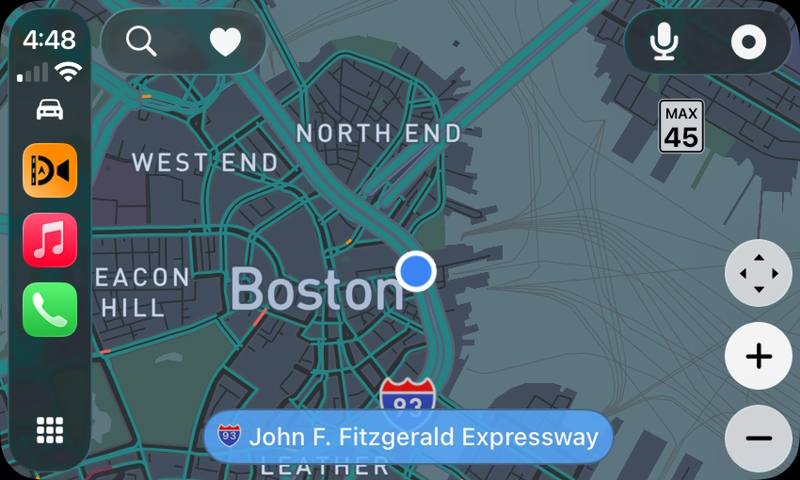 DashMap running on CarPlay with a Boston map and driving controls