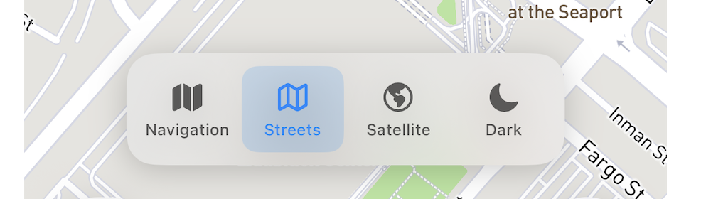 DashMap map style picker with Navigation, Streets, Satellite, and Dark options