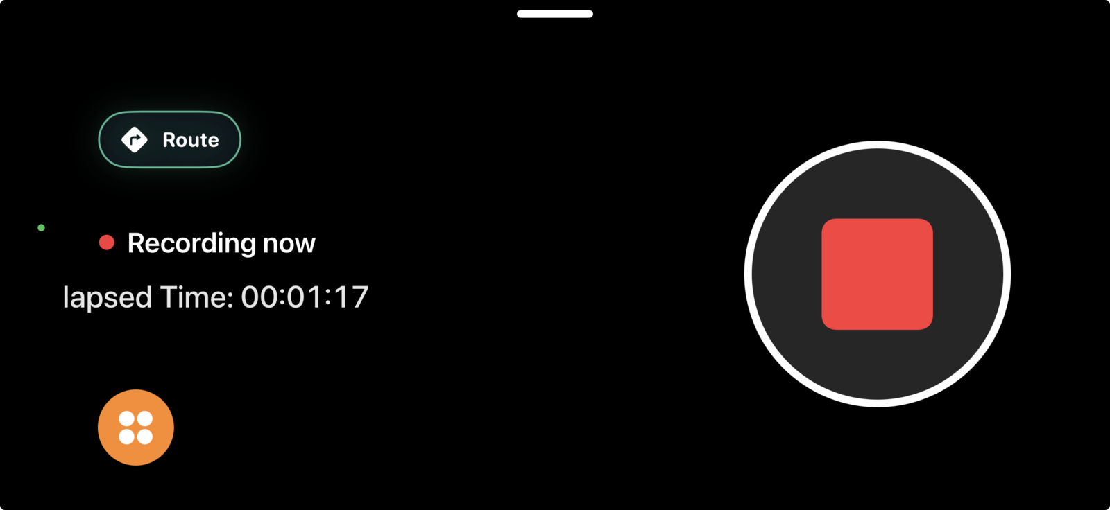 DashMap recording screen with elapsed time and a large stop control