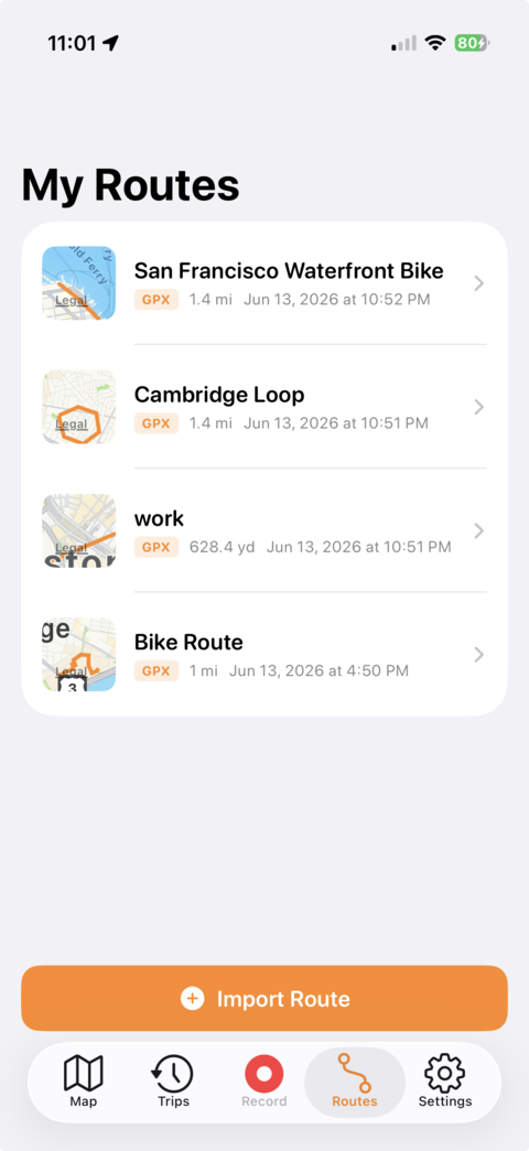 DashMap My Routes screen showing an imported GPX route