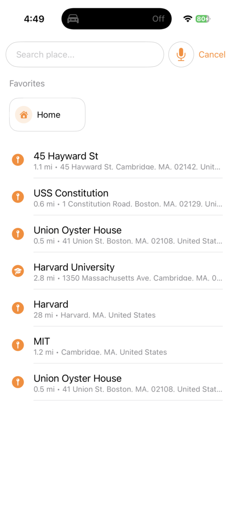 DashMap destination results showing favorites and nearby places around Boston